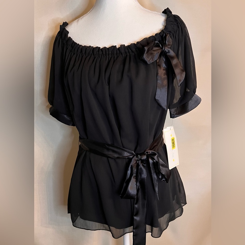 NWT Classic Black Blouse w/ Satin Belt size M